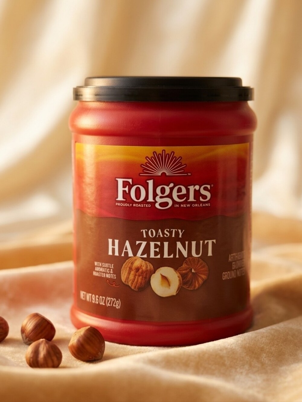 Folgers Toasty Hazelnut Flavored Ground Coffee – 9.6 oz Canister